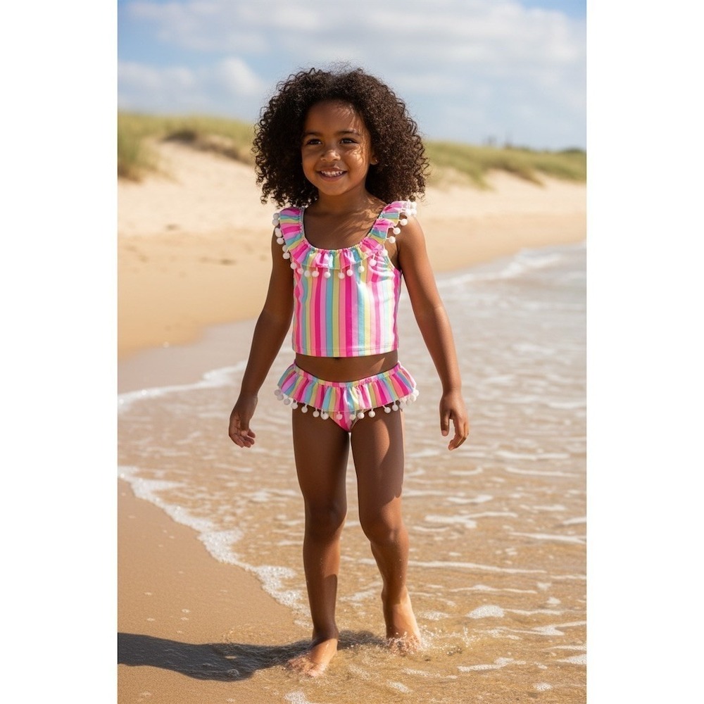 Nicole Miller New York Girls Swim Set 6 Rainbow Stripe Tankini. Pom Pom fringe